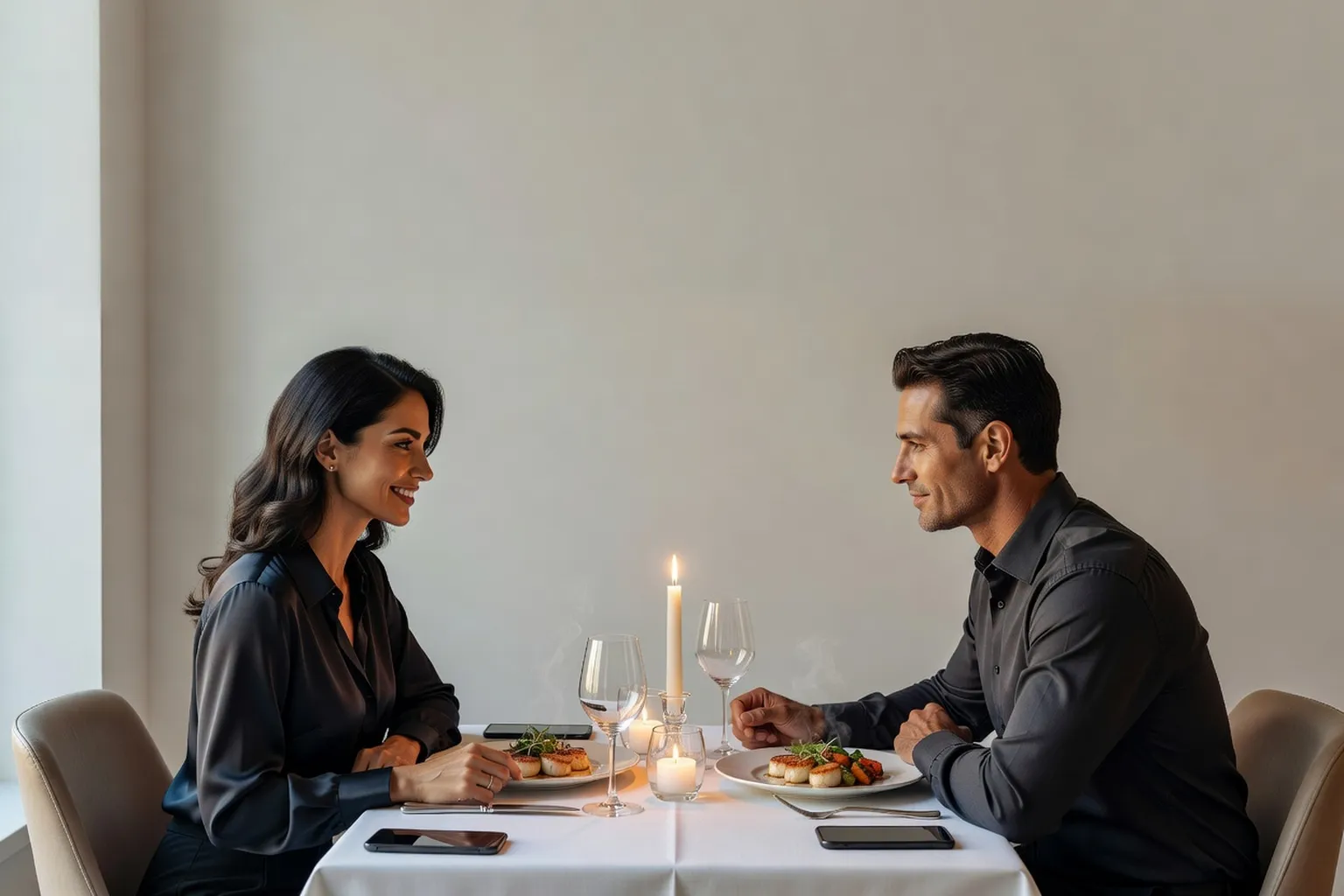A couple at a restaurant table with two phones lying face down beside the plates
