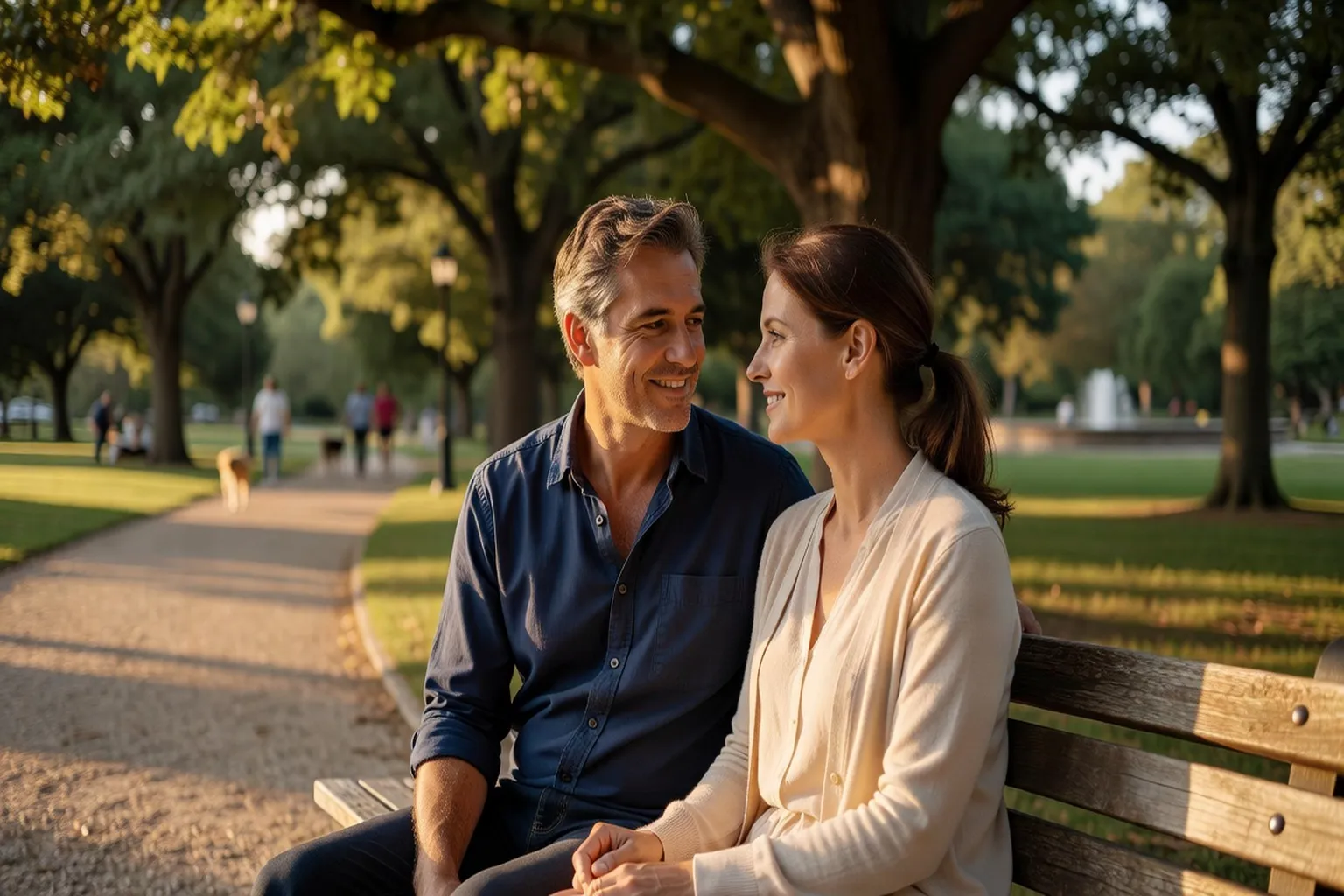 Couple assis ensemble sur un banc, confiance et connexion mutuelle